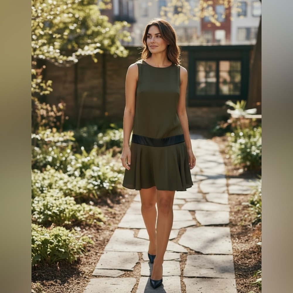 Alice + Olivia Sample Olive Drop Waist Dress With Leather Detailing Size 4 - Picture 3 of 15
